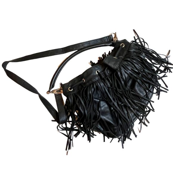 H&M Black Leather Fringe Bucket Bag Handbag Crossbody Boho Carry-All Drawstring - Picture 2 of 12